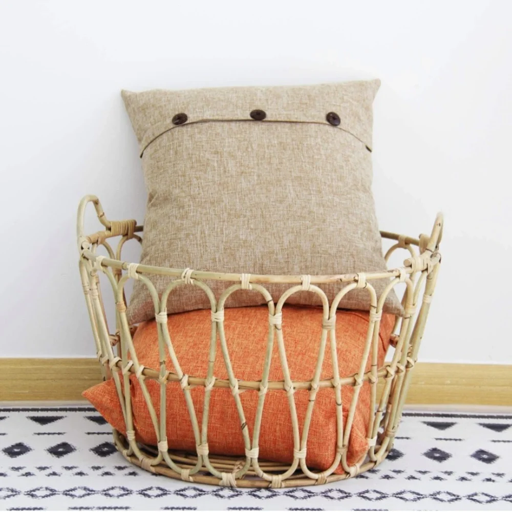 Luxury Home | Rustic Farmhouse Tan Triple Button Faux Linen Throw Pillow Covers